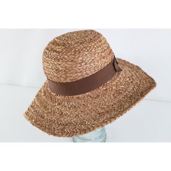 Vintage 80s 90s Boho Chic Wide Brim Raffia Straw Sun Hat Ribbon Womens OSFM main image 4